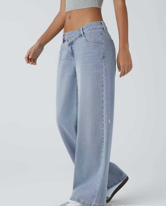 Asymmetrical High Waist Multi Pocket Wide Leg Jeans Street Style