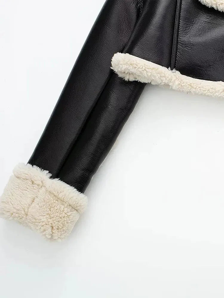 Faux Leather Zip-Up Jacket – Vintage Autumn Coat for Women