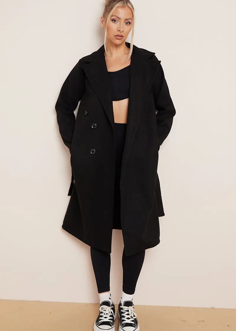 Classy Notch Lapel Double Breasted Waist Tie Thermal Coat