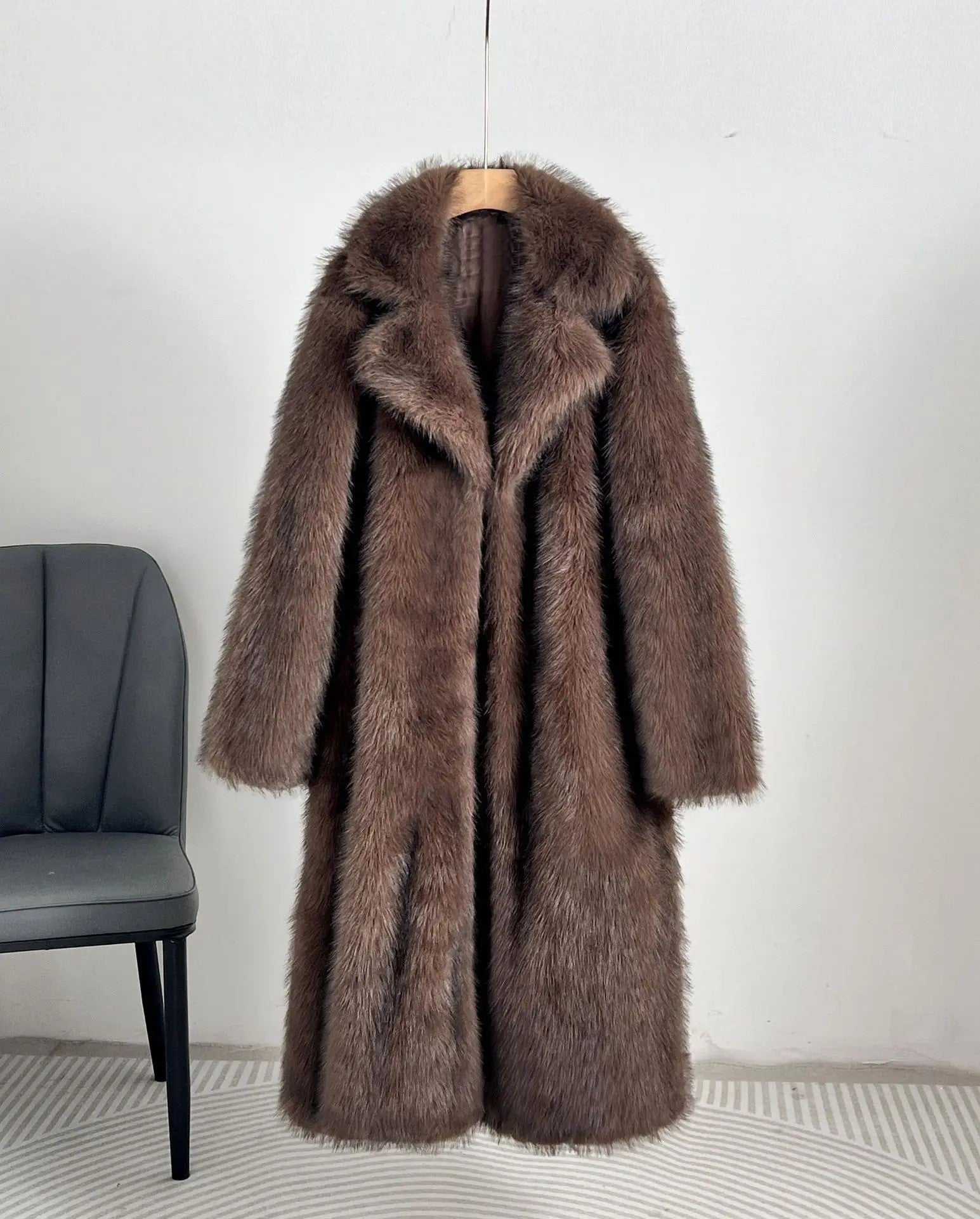 Women’s Long Maxi Faux Fur Overcoat – Elegant Sheared Fur Winter Jacket