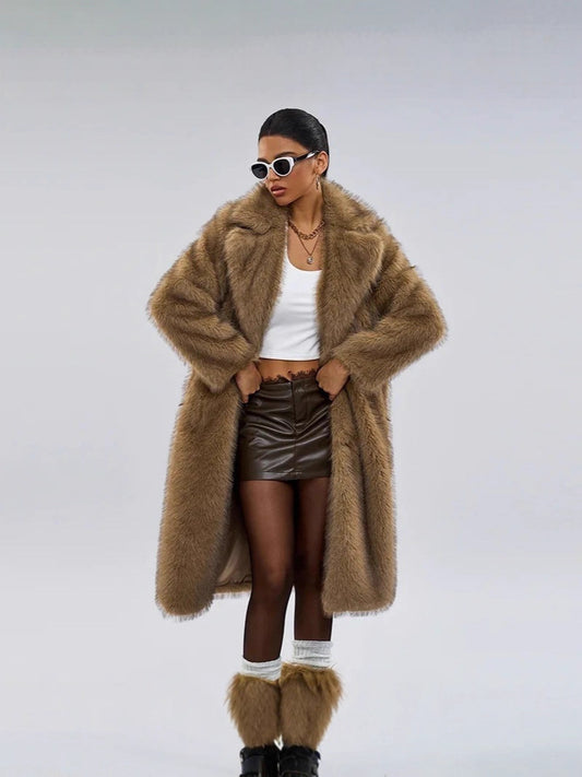 Women’s Long Maxi Faux Fur Overcoat – Elegant Sheared Fur Winter Jacket