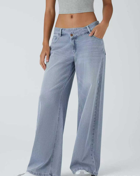 Asymmetrical High Waist Multi Pocket Wide Leg Jeans Street Style