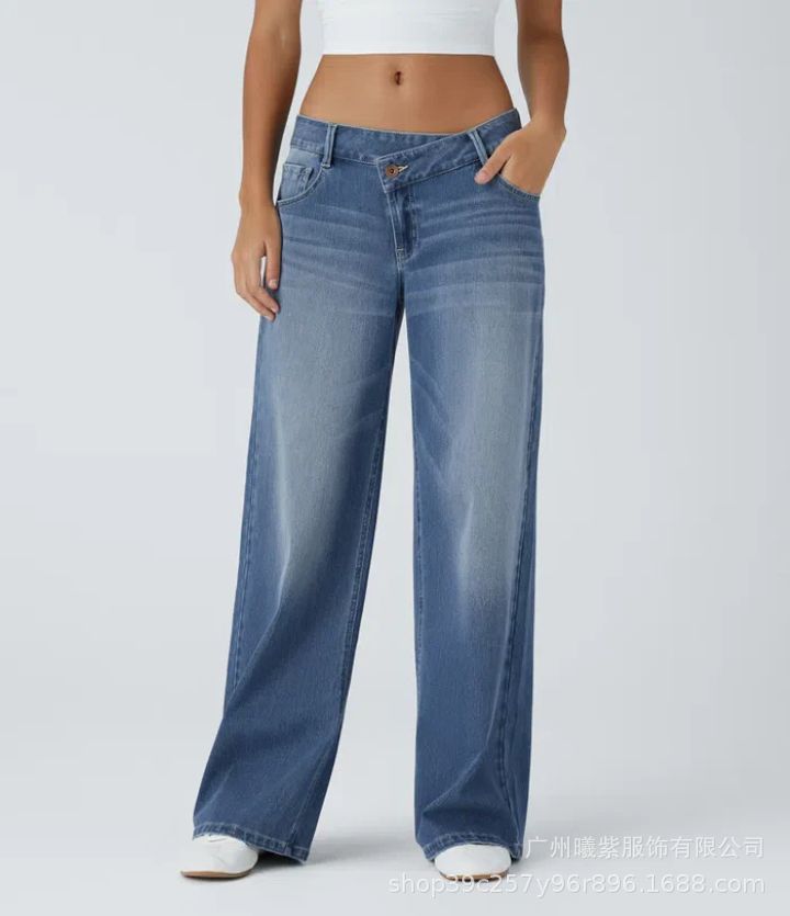 Asymmetrical High Waist Multi Pocket Wide Leg Jeans Street Style