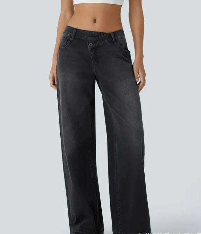 Asymmetrical High Waist Multi Pocket Wide Leg Jeans Street Style