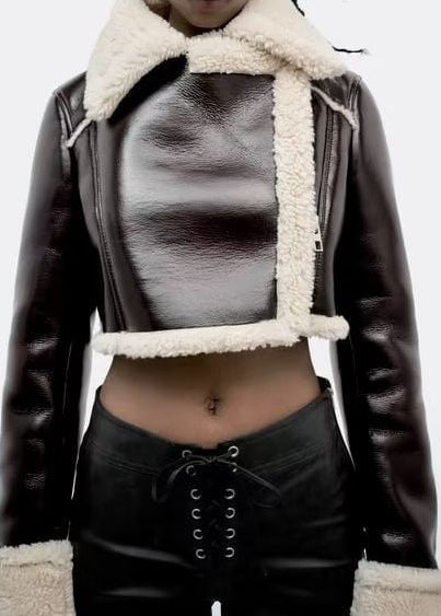 Faux Leather Zip-Up Jacket – Vintage Autumn Coat for Women