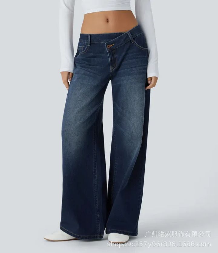 Asymmetrical High Waist Multi Pocket Wide Leg Jeans Street Style