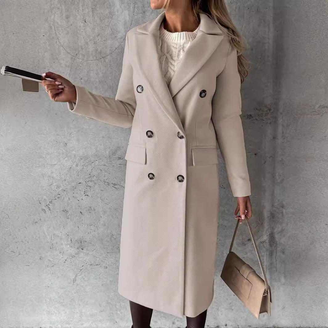 Classy Notch Lapel Double Breasted Waist Tie Thermal Coat