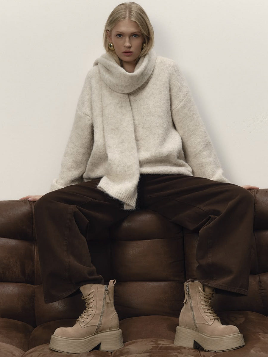 Cozy Wool-Blend Relaxed Knit Sweater & Scarf Set – Autumn/Winter Comfort